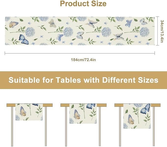 Hydrangea Butterfly Table Runner, Seasonal Spring Summer Table Runner for Holiday Kitchen Dining Home Party Outdoor 13x120in
