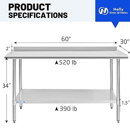 Hally Stainless Steel Table for Prep & Work 30 x 60 Inches, NSF Commercial Heavy Duty Table with Undershelf and Backsplash for Restaurant, Home and Hotel