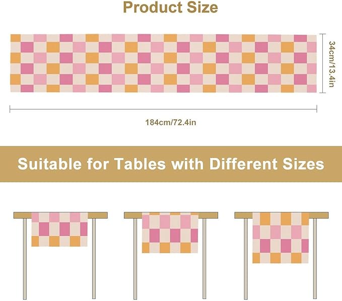 Pink Checkered Table Runner, Vintage 70s Abstract Cute Modern Hippie Table Runner for Party Kitchen Dining Home Outdoor 13x120in