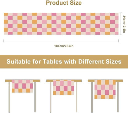 Pink Checkered Table Runner, Vintage 70s Abstract Cute Modern Hippie Table Runner for Party Kitchen Dining Home Outdoor 13x90in
