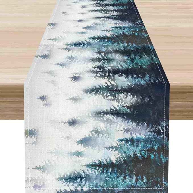 Green Forest Table Runner, Rustic Farmhouse Green Pine Tree Woodland Seasonal Mountain Country Coffee Table Center Decor for Home Kitchen Dining Patio Holiday Party Table Decorations, 13"x90" Inch