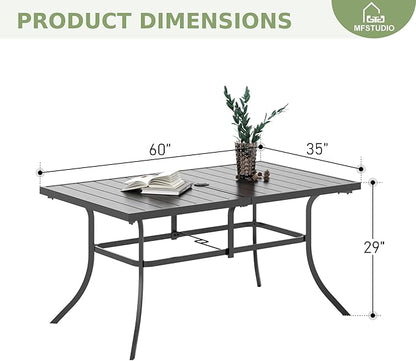 MFSTUDIO Outdoor Patio Dining Table for 6, Rectangle Weather Resistant Metal Patio Table with Adjustable Umbrella Hole, Black