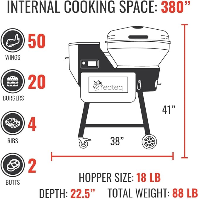 recteq Pellet Grill RT-B380X Bullseye Deluxe + Cover, WiFi Enabled Electric Pellet Smoker Grill, Wood Pellets, BBQ Outdoor, Smoke, Sear, and More