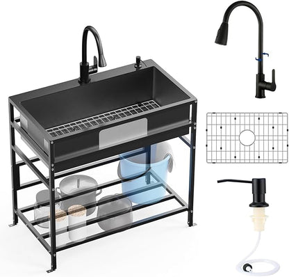 Black 33x19 Inch Freestanding Utility Sink-Stainless Steel Laundry Sink Practicality With Accessories Black Stainless Faucet,Soap Dispenser, SS Sink Grid For Laundry,Garage,Outdoor Kitchen,Garden...