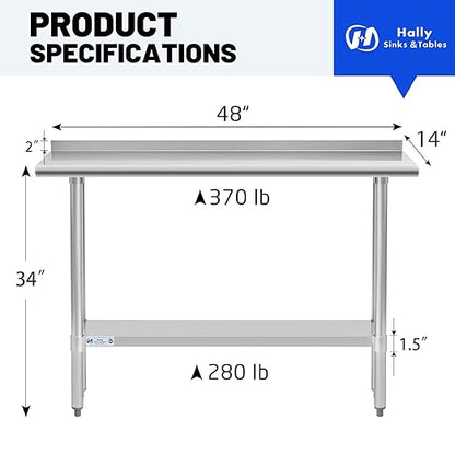 Hally Stainless Steel Table for Prep & Work 14 x 48 Inches, NSF Commercial Heavy Duty Table with Undershelf and Backsplash for Restaurant, Home and Hotel
