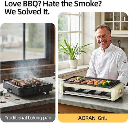 Aoran Electric Smokeless Grill, 1800W Nonstick Indoor Griddle Pan, Multifunctional Skillet for Frying, Baking, Stewing, Easy to Clean, Adjustable Temperature, Family-Sized 19.6'' x 9'' Cooking Area