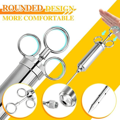304-Stainless Steel Meat Injector Syringe Kit with 3 Marinade Needles for BBQ Grill Smoker, Turkey, Beef, Brisket, Fish, 2-oz Large Capacity, Silicone Brush and Cleaning Brush