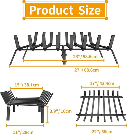 Heavy Duty 27Inch Fireplace Grate, Solid Steel Log Rack for Wood Burning, Extra Wide Firewood Grates for Indoor Fireplace & Outdoor Fire Pit, Wood Stove Grate