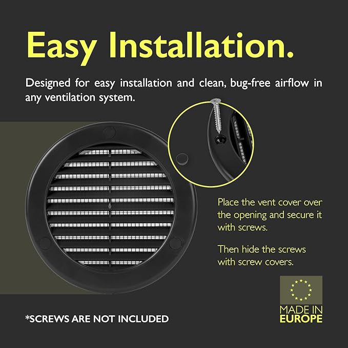 4 Inch [Opening] Black Air Vent Cover – Pack of 10 – Plastic Round Air Vent Grill Cover for Wall or Ceiling, Built-in Mesh Screen/HVAC Return Air Register – Modern Louvered Design