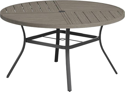 VICLLAX Round Patio Table with Adjustable Umbrella Hole for 6, All Weather Metal Outdoor Dining Table for Lawn Garden, 50" Outdoor Coffee Table, Grey Wood-Like Tabletop