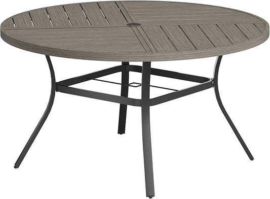 VICLLAX Round Patio Table with Adjustable Umbrella Hole for 6, All Weather Metal Outdoor Dining Table for Lawn Garden, 50" Outdoor Coffee Table, Grey Wood-Like Tabletop