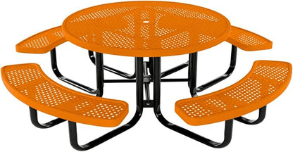 COATEDOUTDOORFURNITURE Heavy-Duty Portable Outdoor Kids Table with Umbrella Hole, Punched Steel Kids Picnic Table, Commercial-Grade, Made in America (46 in, Round, Childrens, Orange)