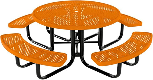 COATEDOUTDOORFURNITURE Heavy-Duty Portable Outdoor Kids Table with Umbrella Hole, Punched Steel Kids Picnic Table, Commercial-Grade, Made in America (46 in, Round, Childrens, Orange)