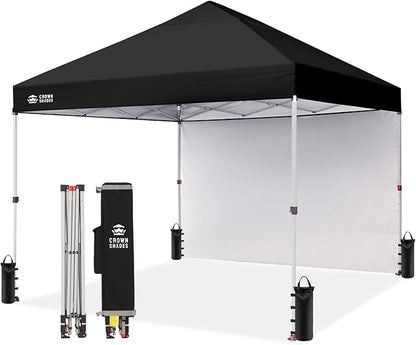 CROWN SHADES 8x8 Pop Up Canopy with 1 Side Wall - Beach Tent with One Push Setup - Outdoor Sun Shade for Events, Parties, Camping - Gazebo with STO-N-Go Cover Bag (Black)