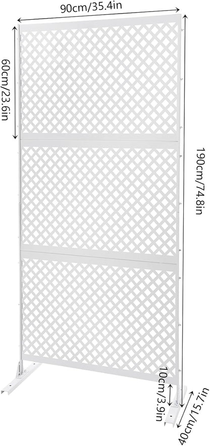75" H×35" W Decorative Outdoor Privacy Screen with Stand, Outdoor Decor Privacy Fence Screen Metal Fence Panels, Free Standing Metal Divider for Patio Lawn Deck (White-Small Square)