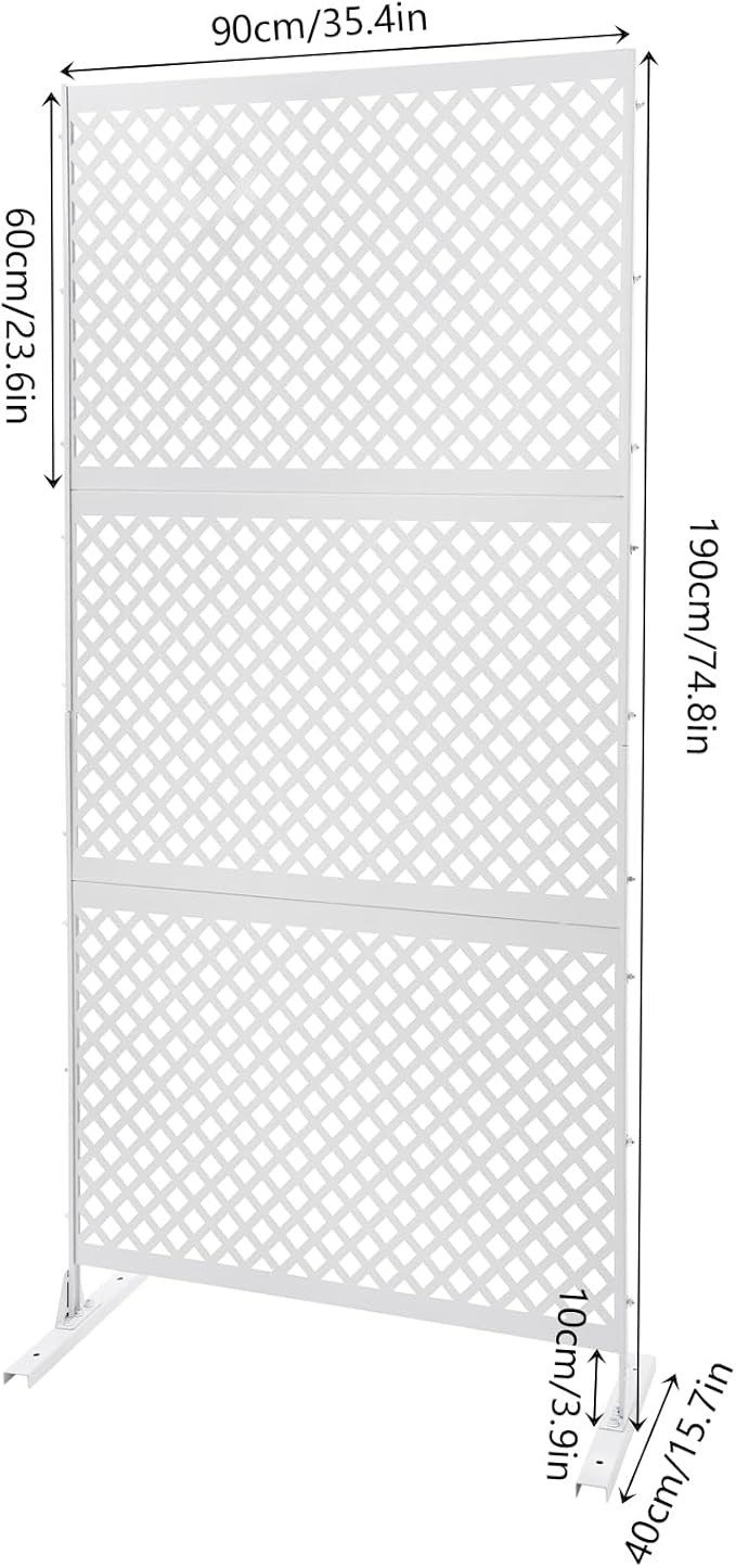 Outdoor Metal Privacy Screen with Stand, 35.4" W x 75" H Freestanding Metal Slatted Decorative Privacy Screen and Panels for Patio Garden Balcony Porch (White Grill)