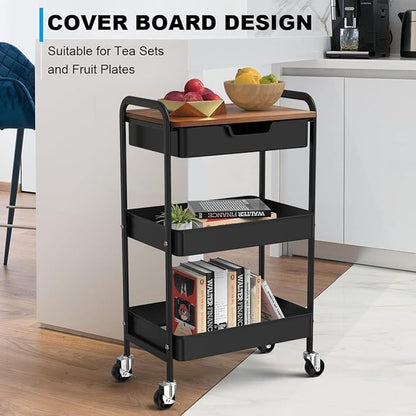3 Tier Rolling Cart with Drawer, Metal Utility Cart on Wheels Storage Cart with Wood Top, Kitchen Cart Art Cart Organizer for Bathroom Office Balcony Living Room