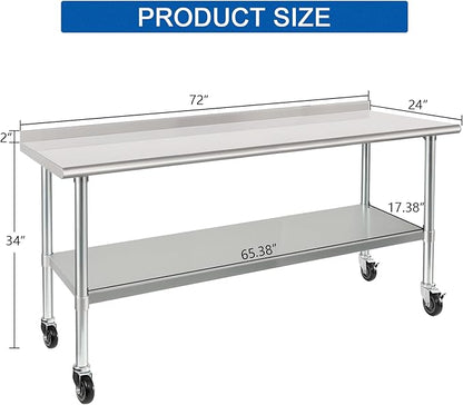 HARDURA Stainless Steel Table 24 x 72 Inches with Wheels Casters NSF Heavy Duty Commercial Prep Table with 2” Backsplash and Adjustable Undershelf for Restaurant Kitchen Home and Hotel