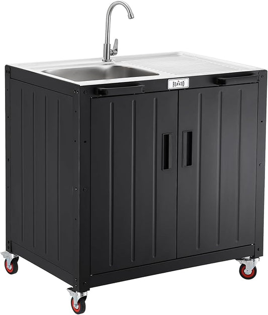 Freestanding Grill Cart with Sink and Cabinet, Movable Outdoor Cart Table with 304 Stainless Steel Sink, Outdoor Grill Cart, Outdoor Grill Station with Wheels, L35.4 x W24