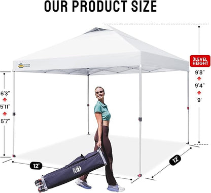 CROWN SHADES 12x12 Pop Up Canopy Outside Canopy, Patented One Push Tent Canopy with Wheeled Carry Bag, Bonus 8 Stakes and 4 Ropes, White