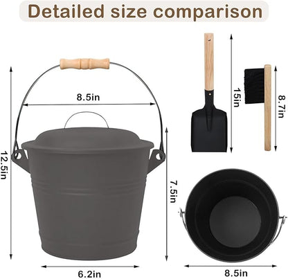 Poofzy Ash Bucket with Lid and Shovel, 1.3 Gallon Fireplace Bucket for Ashes, Includes Hand Broom and Gloves for Fire Pit, Wood Burning Stove and Grill (Gray)