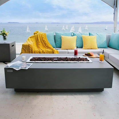 Elementi Granville Fire Pit Bundle Outdoor Firepit Set Includes 60” Natural Gas Concrete Firepit Table, Glass Windscreen, Stainless Steel Cover, Canvas Cover, Floor Mat, and Beverage Tub