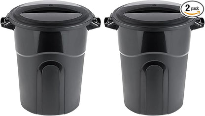 United Solution 20 Gallon Round Waste Container, Black, Easy to Carry Garbage Can with Sturdy Construction, Pass-Through Handles & Attachable Click Lock Lid, Indoor or Outdoor Use, 2-Pack, (TI0087)