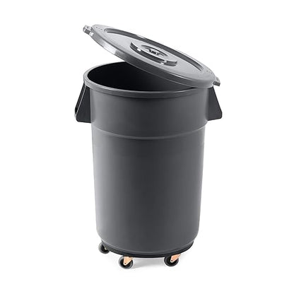 PRO&Family Commercial Round Trash Can with Lid and Dolly Rolling Waste Container, Ingredient Bin, Heavy-Duty Plastic, Anti-Static, Kitchen, Office, Outdoor Use (Gray, 44 Gallon)