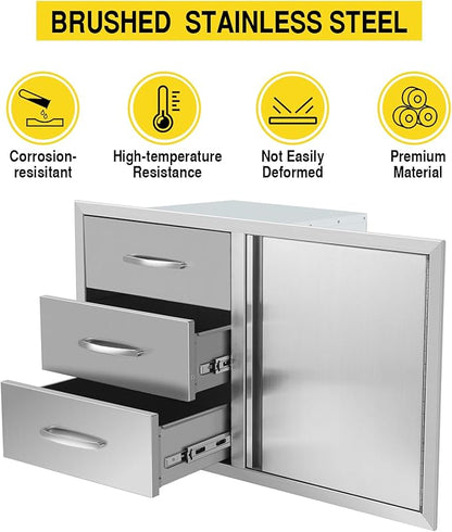 Outdoor Kitchen Drawer Combo, Stainless Steel Triple Drawers & 2 Trash Can Drawers,Enclosed Built-in Drawer Flush Mount For Outdoor Kitchens & BBQ Islands ﻿ ﻿,G3