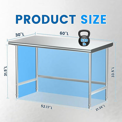 Treshin Stainless Steel Work Table Open Base 30" X 60", Commercial Heavy Duty Prep Table for Kitchen, Restaurant, Home, Hotel, Laundry