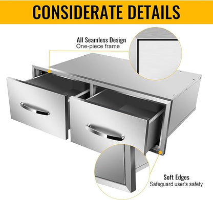 Outdoor Kitchen Drawers, Flush Mount Triple Access BBQ Drawers With Stainless Steel Handle, BBQ Island For BBQ Island Patio Grill Station,Double Drawers