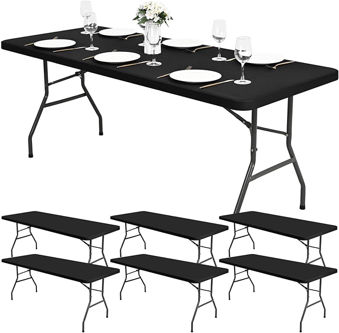 6 Pack Stretch Fabric Table Top Cap Cover, fits 8Ft Tables, Spandex Table Covers Washable Elastic Universal Rectangle Tablecloth Protector for Indoor Outdoor Party Picnic Wedding, Black, 30" W x 96" L