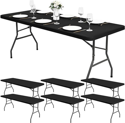 6 Pack Stretch Fabric Table Top Cap Cover, fits 8Ft Tables, Spandex Table Covers Washable Elastic Universal Rectangle Tablecloth Protector for Indoor Outdoor Party Picnic Wedding, Black, 30" W x 96" L
