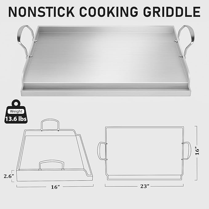 Utheer 23" x 16" Ceramic Nonstick Stainless Steel Griddle for Gas, Charcoal, Grill, Large Stove Top Griddle, Non-Toxic, PFAS/PFOA/PTFE Free, Oven Up to 500°F, for BBQ, Camping & Kitchen, Sliver