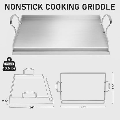 Utheer 23" x 16" Ceramic Nonstick Stainless Steel Griddle for Gas, Charcoal, Grill, Large Stove Top Griddle, Non-Toxic, PFAS/PFOA/PTFE Free, Oven Up to 500°F, for BBQ, Camping & Kitchen, Sliver