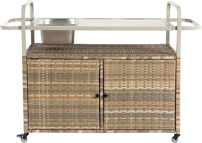 Outdoor Table, Wicker Cart with Cabinet, Patio Serving Cart with Steel Top, Lockable Wheels, Side Basket for Garden, Poolside & Backyard, Beige