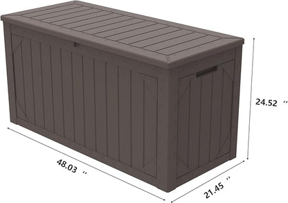 100 Gallon Resin Deck Box, Waterproof Outdoor Storage Box for Patio Furniture, Garden Tools, and Pool Accessories, Lockable UV-Resistant Storage Bin Bench Cabinet for Outside, Brown