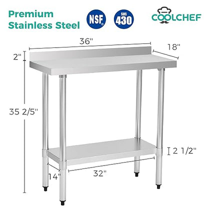 Stainless Steel Work Table 18 x 36 Inch, NSF Commercial Prep Table with Undershelf, Heavy Duty Food Prep Workstation with Backsplash