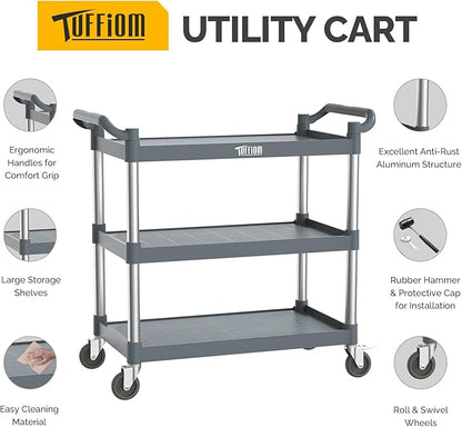 TUFFIOM Plastic Service Utility Cart with Wheels,Heavy Duty 450lbs Capacity, 3-Tier Commercial Rolling, Ideal for Restaurant, Foodservice, Office, Warehouse, Gray 40.4''L x 19.7''W x 38.6''H