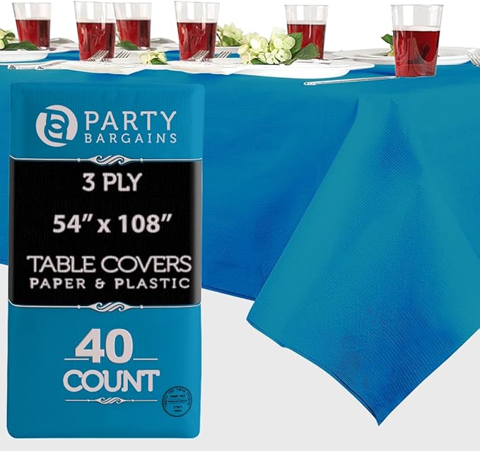 PARTY BARGAINS 40 Disposable Table Covers - 54" X 108" Blue Table Cover, 3 Ply Paper & Plastic Tablecloth