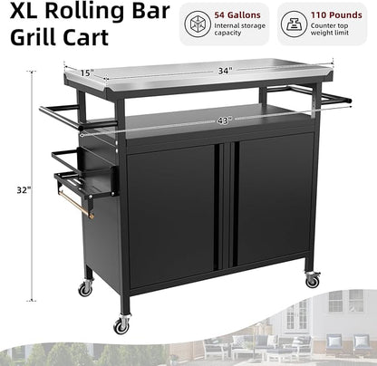 Outdoor Grill Cart Bar Cart with Storage Cabinet for Grilling Accessories, XL Portable Outdoor Grill Table with Stainless Steel Top for Kitchen Prep, Lawn & Garden（Black）
