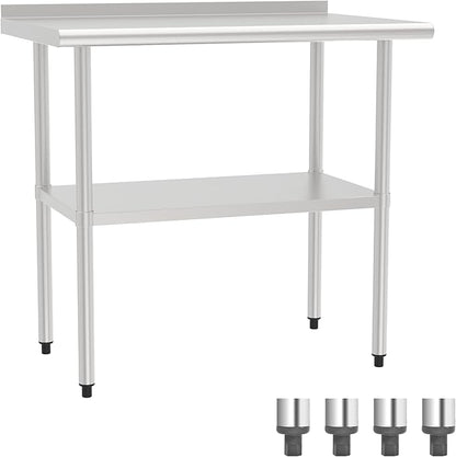 24x36 Inch Stainless Steel Work Table with Backsplash and Undershelf, Heavy Duty Commercial Prep Table, Kitchen Workbench with Adjustable Shelf, NSF Certified