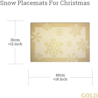 Christmas Placemats Set of 6 Vinyl Woven Non-Slip Placemats Washable Easy to Clean Table Mats for Dining Table (Snow Gold)