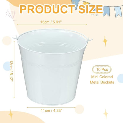 Small Metal Buckets, Mini Buckets with Handle Galvanized Colored Tin Pail Containers Basket Party Supplies - Fit for (Halloween - Classroom Crafts) 6" & 10Pcs & White