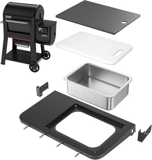 Utheer Front Folding Grill Table for Weber Searwood 600 – 23" x 14" Large Front Shelf with Stainless Steel Basin, Works Cutting Board, Lid & 5 Hooks, Heavy-Duty Weber Searwood 600 Accessories