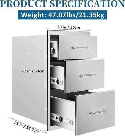 Outdoor Kitchen Drawers 20"Wx27"Hx23"D Flush Mount Access 3-Drawer BBQ Stainless Steel Drawers with Handle for Outdoor Kitchen Island or Grill Station