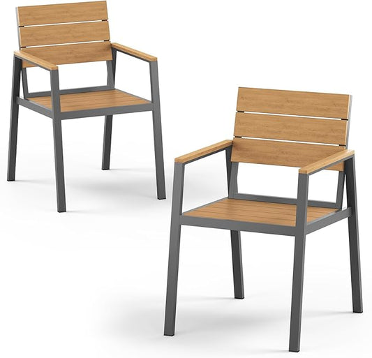 Outdoor Patio Dining Chairs Set of 2, Aluminum & HDPS All-Weather for Deck, Lawn, Backyard, Pool and Indoor Use (Gray & Teak)