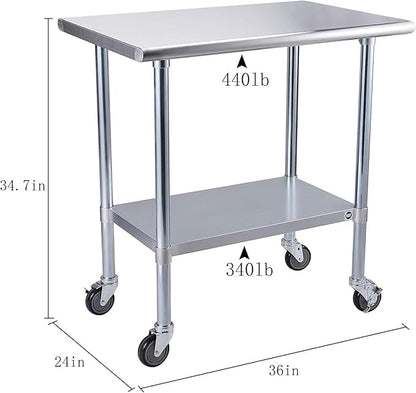 ROCKPOINT Stainless Steel Table for Prep & Work with Caster Wheels 24x36 Inches, NSF Metal Commercial Kitchen Heavy Duty Table with Adjustable Under Shelf and Table Foot for Restaurant, Home and Hotel