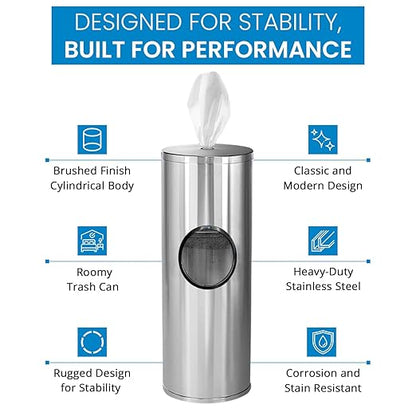 Zoom Wipes Stainless Steel Wipes Dispenser with Built-in Trash Bin – 36" Floor Stand Wipes Holder for Gyms, Offices, Homes – Sanitizing & Disinfecting Station, Commercial Grade & Rustproof.