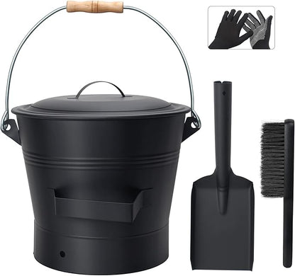 BRIAN & DANY Ash Bucket with Lid, 2.6 Gallon Fireplace Ash Bucket with Shovel and Hand Broom, Metal Bucket for Fireplace, Fire Pit, Wood Burning Stove, Black